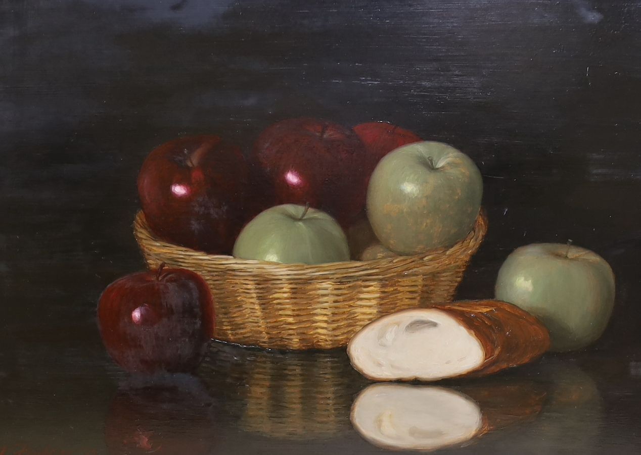 J. Foulger (Corot), four oils on board, Still lifes of flowers and fruit, largest 29 x 39cm